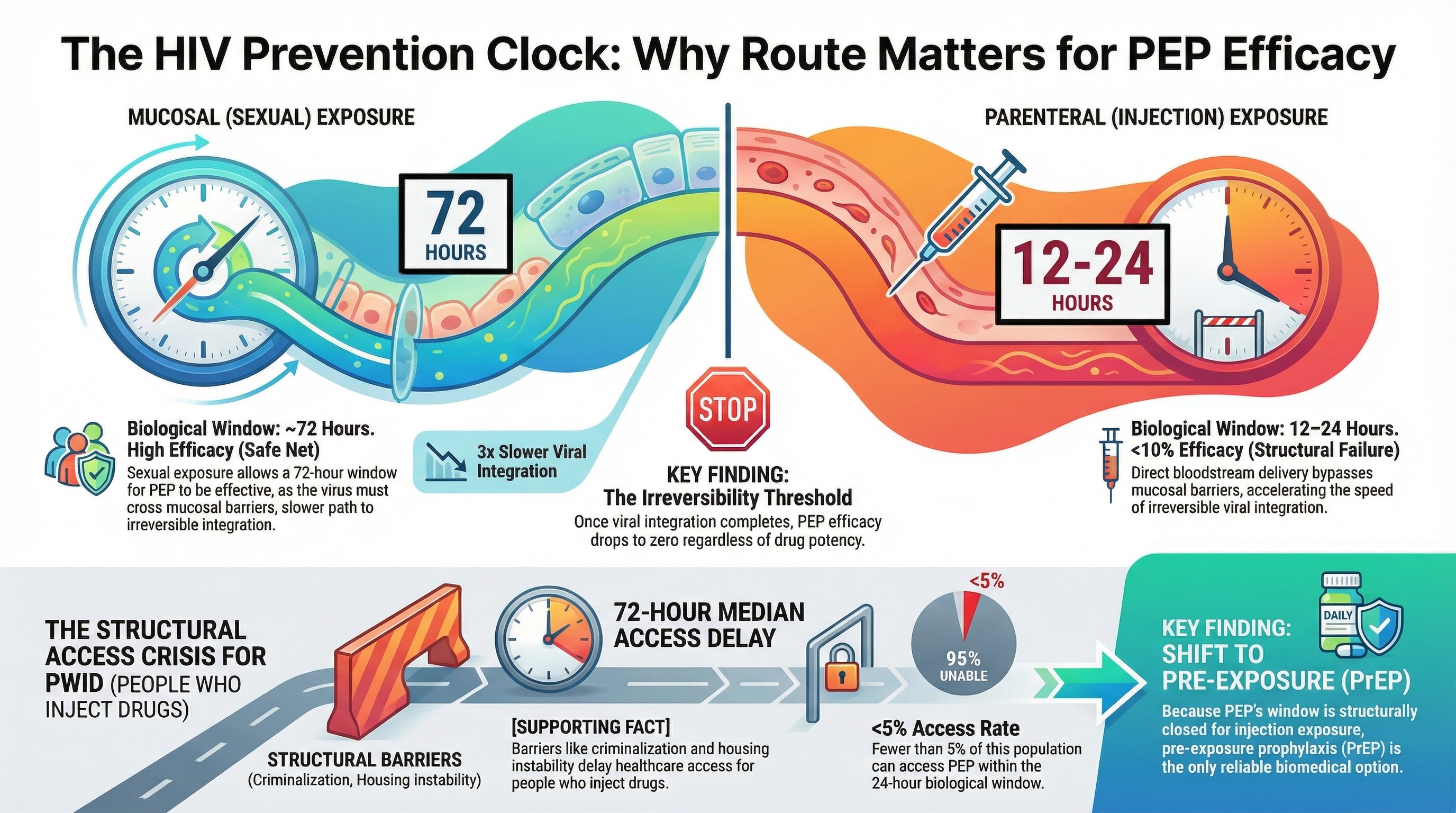 The HIV Prevention Clock: Why Route Matters for PEP Efficacy — Infographic