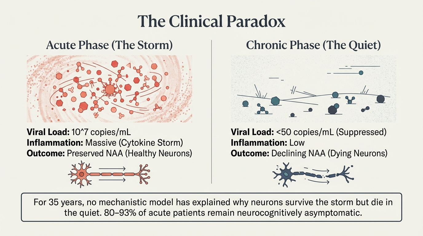 The Clinical Paradox: neurons survive the storm but die in the quiet