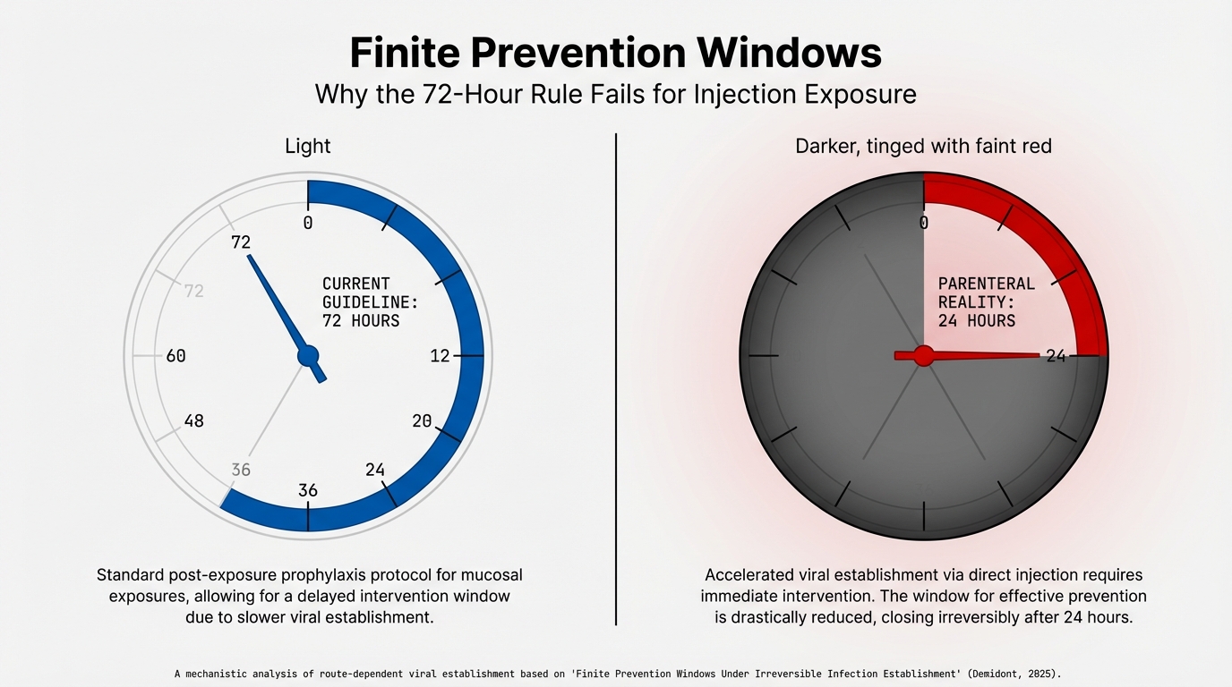 Finite Prevention Windows: Why the 72-Hour Rule Fails for Injection Exposure